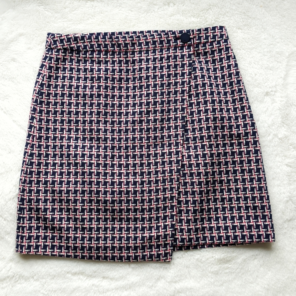 LOFT Pink/Blue Tweed High-waisted Button Wrap Mini Skirt
